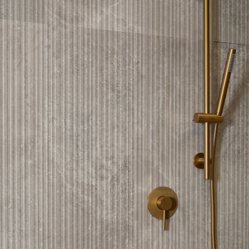 Close up lifestyle image of Ca Pietra Riverside Wall Linear Gris Tiles 300mmx900mm